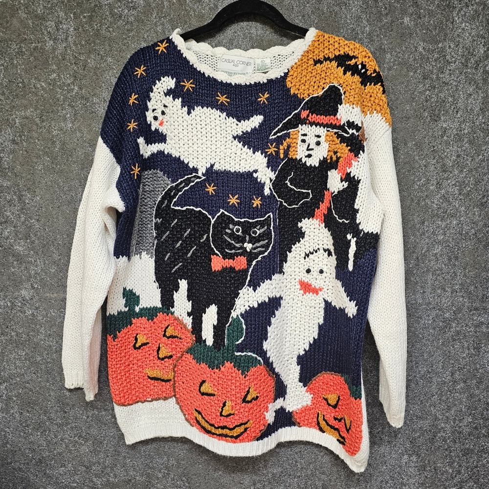 Casual Corner 90s Halloween Hand-knit Sweater, Cotton, Black White Orange, Large